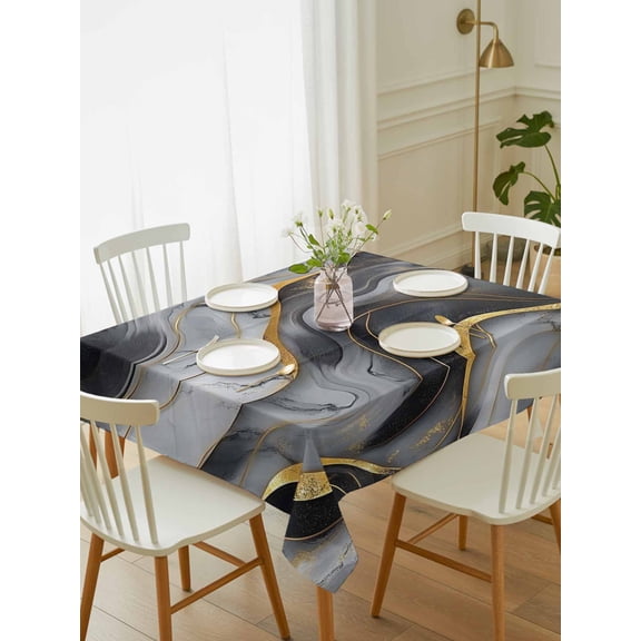 Marble Black Grey Tablecloth Rectangle Table Cloth 52x70, Waterproof Tablecloth Outdoor Table Cloth, Modern Fake Stone Gold Foil Wavy Washable Table Cover for Kitchen Dinning Party