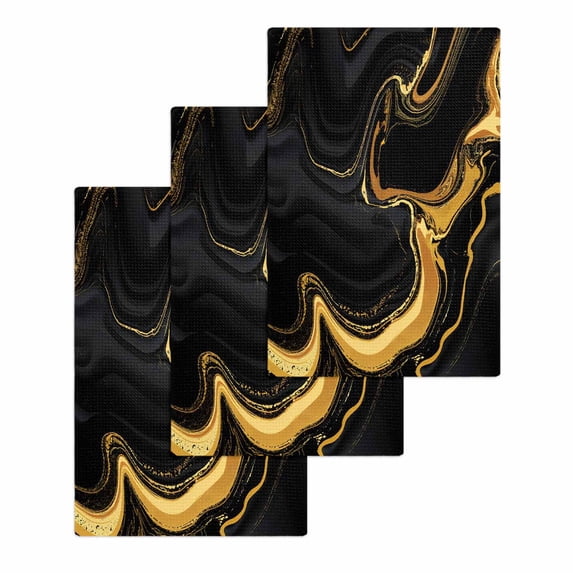 Marble Black Hand Towels Set, Waffle Weave Kitchen Towels 3 Pieces, Vintage Gold Art Abstract Farmhouse Microfiber Hair Face Bath Tea Towel Absorbent Quick Drying Cleaning Dish Cloths, 15.7"x23.6"