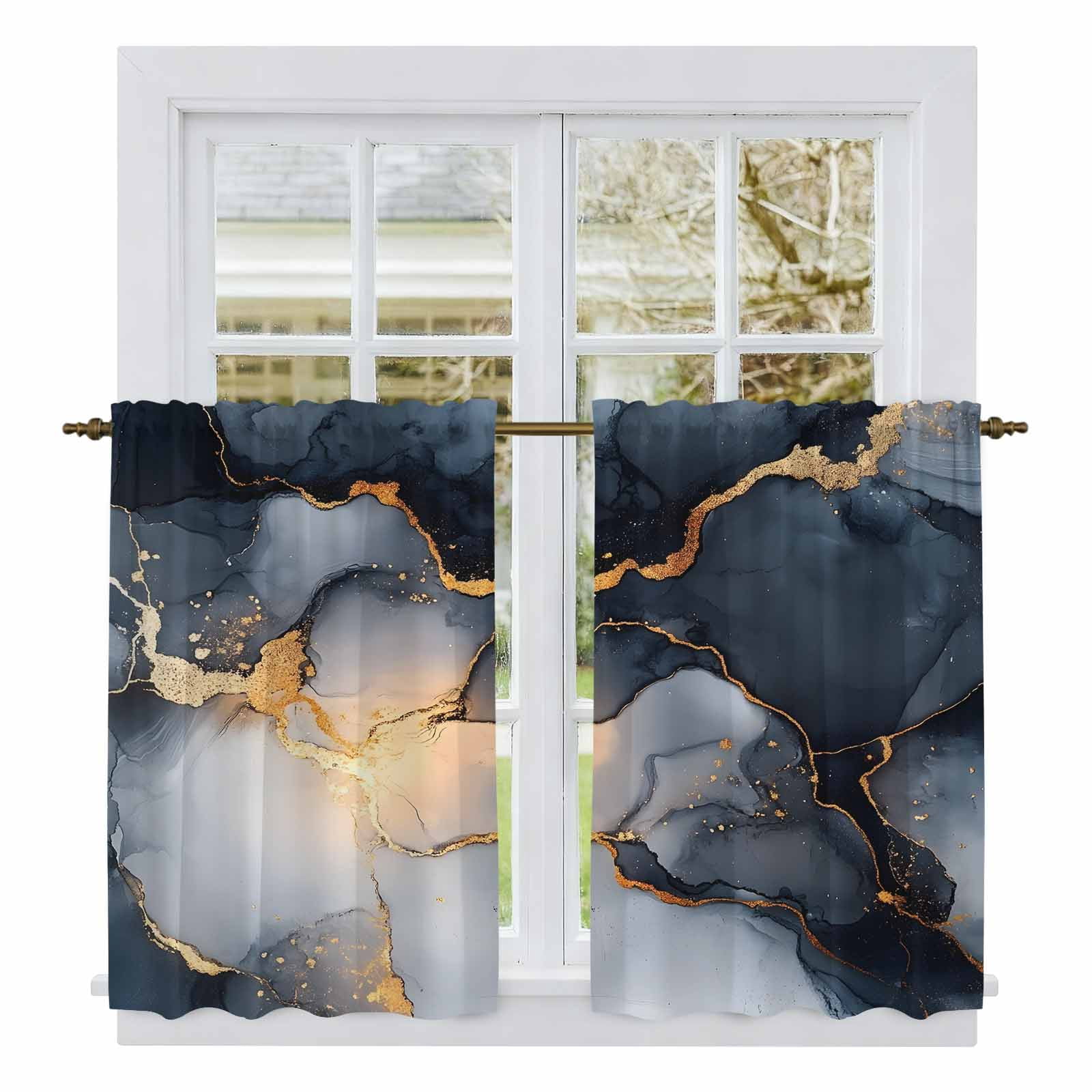 Window Ink Panel Marble Black Kitchen Curtains, Ink Painting Art Modern Abstract Light ...