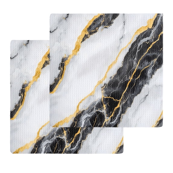 Marble Black Kitchen Dish Towels for Drying Dishes Set of 2, Gold Foil Ceramic Style Cracks Scratches Waffle Weave Microfiber Hand Tea Bathroom Towels Quick Dry & Absorbent Towel 12x12