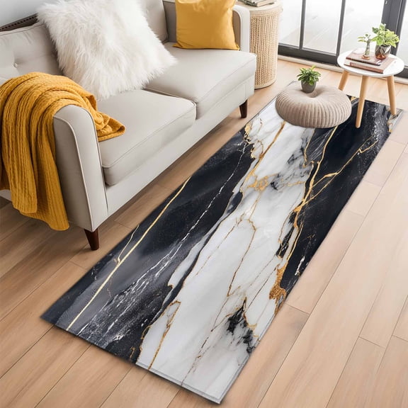 Marble Black Kitchen Runner Rug 2x6 Washable Runners for Hallway Non Slip Abstract Gold White Brick Stone Motif Large Area Rug Indoor Floor Carpet for Bathroom Laundry Entryway Bedroom Living Room