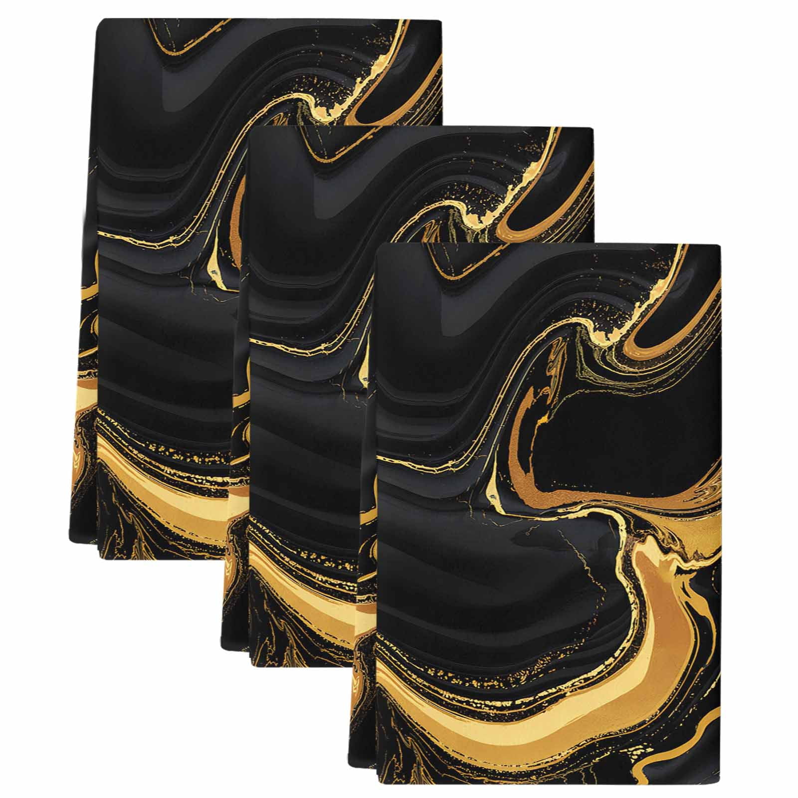 Marble Black Kitchen Towels Set of 3, Vintage Gold Art Abstract Farmhouse Soft Microfiber Dish Towels, Absorbent Quick-Dry Washable Dishcloths for Kitchen Cleaning, Drying Dishes, 18x28 Inches