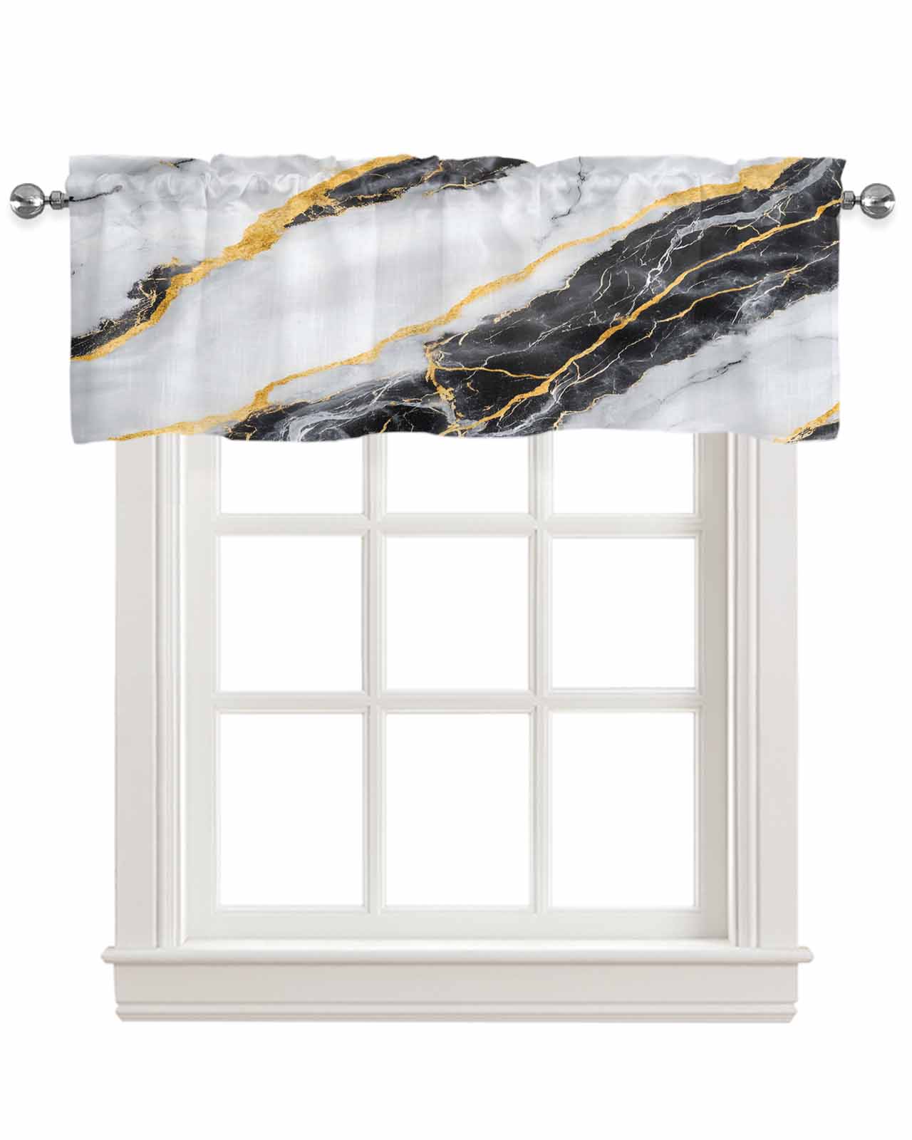 Marble Black Kitchen Valances for Windows Farmhouse Linen Window Valance Curtain for Living Room Window Treatment Gold Foil Ceramic Style Cracks Scratches Valance Rod Pocket Topper, 54 x 18 Inch