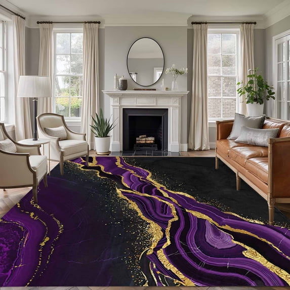 Marble Black Large Area Rug 8x10 FT, Non Slip Living Room Throw Carpet, Purple Gold Art Abstract Vintage Farmhouse Washable Soft Indoor Outdoor Carpet Non-Shedding Rug for Bedroom Dining Room