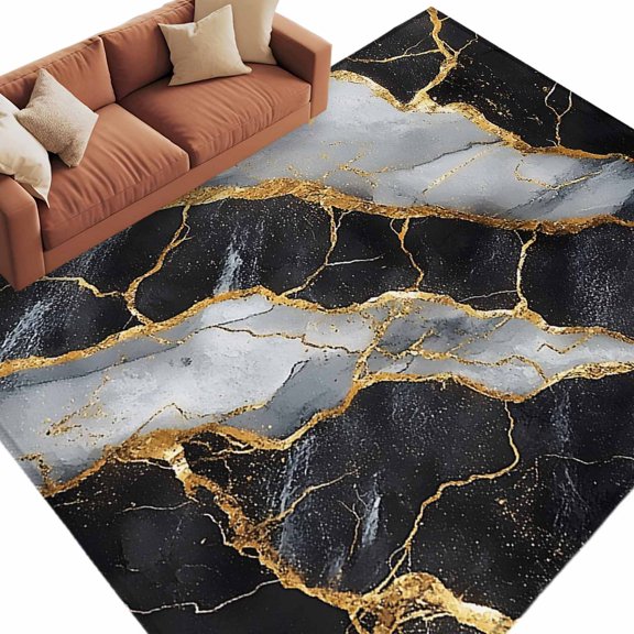 Marble Black Large Area Rugs for Bedroom Living Room, Soft Non Slip Carpet Bedside Rug, Grey Granite Surface Luxury Gold Foil Rectangular Floor Cover Kitchen Accent Rug 6'x9' for Dining Room/Office