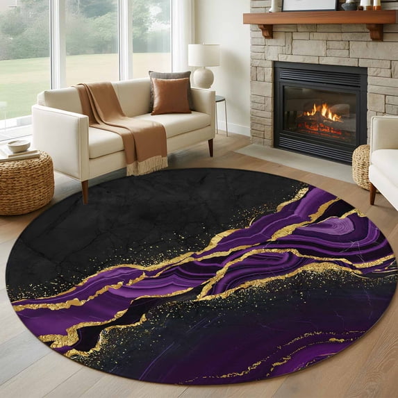 Marble Black Large Round Rug 8 FT, Non Slip Living Room Area Carpet, Purple Gold Art Abstract Vintage Farmhouse Washable Soft Circle Rug Non-Shedding Floor Carpet for Bedroom Office Dining Room