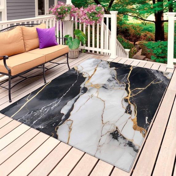 Marble Black Outdoor Rug for Patio/Deck/Porch, Non-Slip Large Area Rug 5 x 7 Ft, Abstract Gold White Brick Stone Motif Indoor Outdoor Rugs Washable Area Rugs, Reversible Camping Rug Carpet Runner