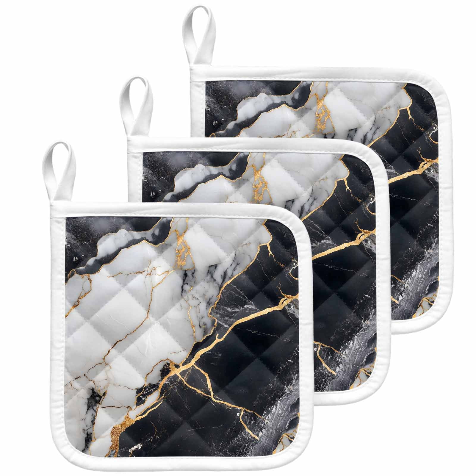 Marble Black Pot Holders for Kitchen Heatproof Potholder, 3 Pack Abstract Gold White Brick Stone Motif Hot Pads Multipurpose Oven Pads Cloth Potholders Trivet for Cooking Baking