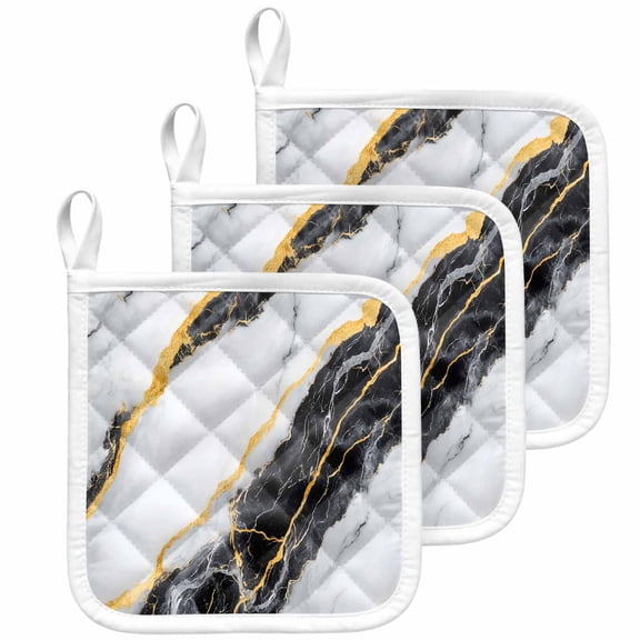 Marble Black Pot Holders for Kitchen Heatproof Potholder, 3 Pack Gold Foil Ceramic Style Cracks Scratches Hot Pads Multipurpose Oven Pads Cloth Potholders Trivet for Cooking Baking