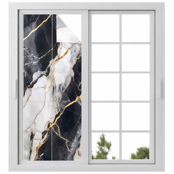 Marble Black Privacy Window Film, Decorative Frosted Glass Window Film, Abstract Gold White Brick Stone Motif Reusable Peel and Stick Static Cling for Home Bathroom Office Glass Door 23.6"x59"