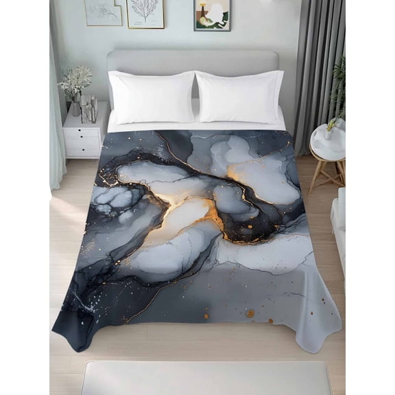 Marble Black Queen Size Flat Sheet, Wrinkleproof & Fadeproof Cooling Flat Bed Sheet Only, Ink Painting Modern Art Abstract Breathable Soft Bedding Top Sheets 90 x 102 Inches