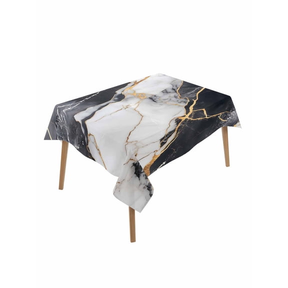 Marble Black Rectangle Tablecloth, Abstract Gold White Brick Stone Motif Waterproof & StainResistant Tablecloth, Washable Oil-proof Table Cover for Dining/Party/Wedding/Camping/Buffet 52x70 In