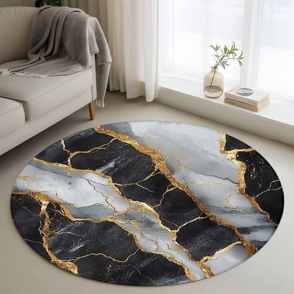Marble Black Round Area Rug 4ft, Grey Granite Surface Luxury Gold Foil Washable Non-Slip Circle Rugs for Bedroom Living Room Kitchen, Soft Non Shedding Circle Carpet for Dining Room Dorm