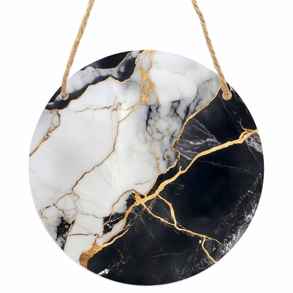 Marble Black Round Front Door Welcome Sign, 5.9 Inch Wall Hanging Decor for Indoor Outdoor, Abstract Gold White Brick Stone Motif Home Porch Hanger Decorations for Holiday Gift