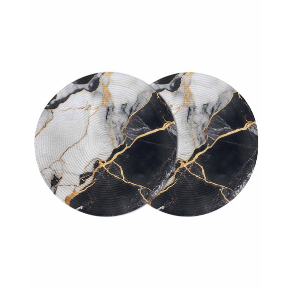 Marble Black Round Placemats Set of 2 for Dinning Tables,Heat-proof Braided Table Mats 13 Inch,Abstract Gold White Brick Stone Motif Washable Place Mat for Kitchen Restaurant Party Table Decor