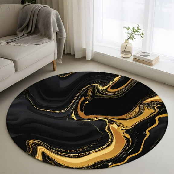 Marble Black Round Rug 3ft Washable Circle Entryway Rugs Non Slip Vintage Gold Art Abstract Farmhouse Area Rug Indoor Floor Carpet for Bedroom Kitchen Living Room Home Office Dining Room Nursery