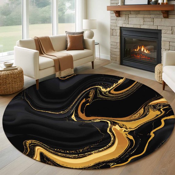 Marble Black Round Rug 5ft Washable Circle Kitchen Rugs Non Slip Vintage Gold Art Abstract Farmhouse Large Area Rug Indoor Floor Carpet for Bedroom Living Room Home Office Dining Room Nursery