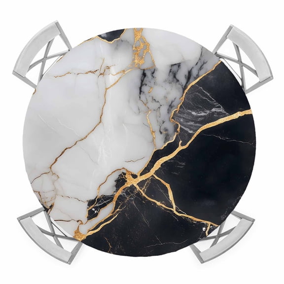 Marble Black Round Tablecloth for 45-54 Inch Tables,Fitted Table Cover with Elastic Edge,Abstract Gold White Brick Stone Motif Waterproof Outdoor Table Cloth Protector for Patio Garden Dinner Picnic