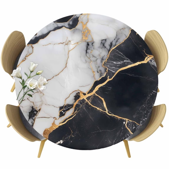 Marble Black Round Tablecloth, Fitted Table Cover with Elastic for 55"-60" Round Tables, Abstract Gold White Brick Stone Motif Table Cloth Outdoor Indoor Dinning Party Waterproof Tablecloths