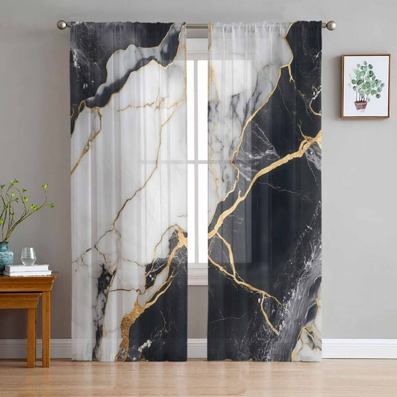Marble Black Sheer Curtains 63 Inches Length 2 Panels Set, Window Sheer Curtains for Living Room/Bedroom, Abstract Gold White Brick Stone Motif Light Filtering Rod Pocket Curtain 52'' x 63'' x 2