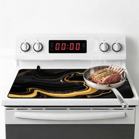 Marble Black Stove Top Cover for Electric Stove, Heat-proof & Non Slip Glass Top Stove Cover Protector, Vintage Gold Art Abstract Farmhouse Kitchen Flat Cooktop Rubber Mat 24x21 Inches