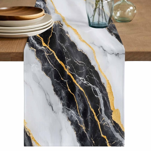 Marble Black Table Runner 36 Inches, Short Dining Table Runners Dresser Scarves, Gold Foil Ceramic Style Cracks Scratches Kitchen Coffee Tablerunner for Tabletop Party Birthday Wedding 13"x36"