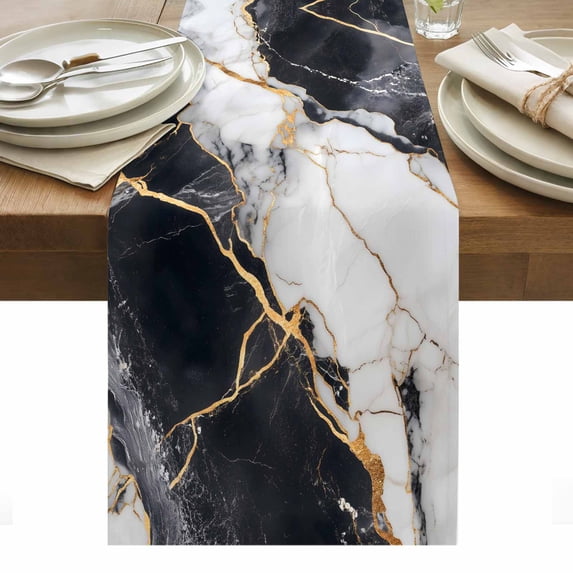 Marble Black Table Runner - 90 Inch Long, Kitchen Dining Table Runner Dresser Scarves, Abstract Gold White Brick Stone Motif Farmhouse Decor for Coffee Tables Wedding Party Banquet