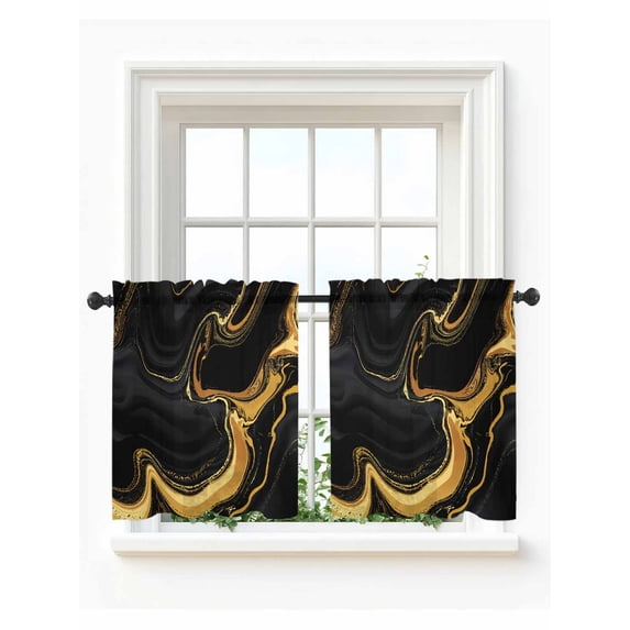 Marble Black Tier Curtains 36 Inch Length,Sheer Curtains for Bedroom Living Room Window Vintage Gold Art Abstract Farmhouse Rod Pocket Drapes Kitchen Curtains Small Half Window 27.5"x36" 2 Panels