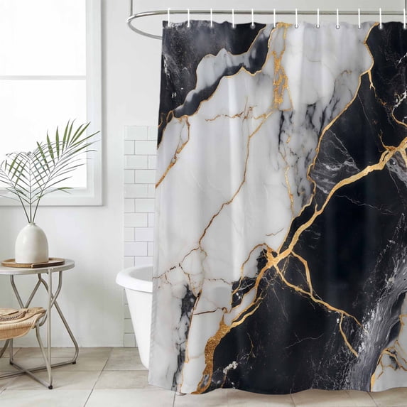 Marble Black Waterproof Fabric Shower Curtain,Abstract Gold White Brick Stone Motif Waterproof Fabric Shower Curtain for Bathroom Curtains Bathtubs Hotel Shower Curtains with 12 Hooks Small 36x78in