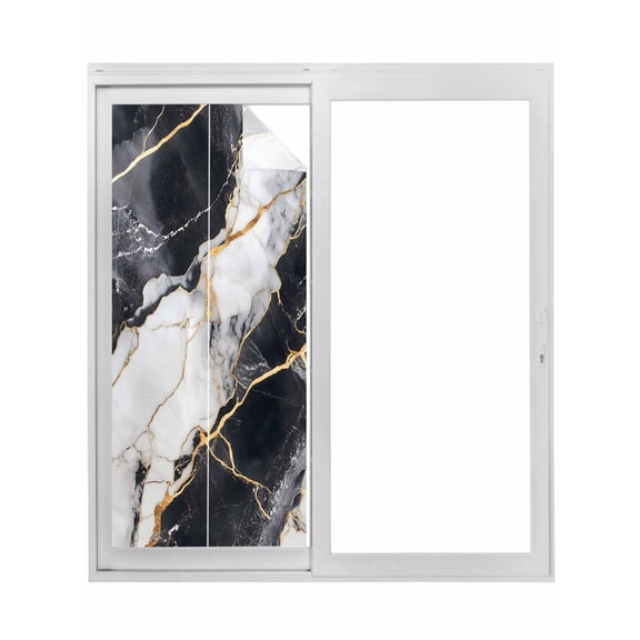 Marble Black Window Privacy Film, Abstract Gold White Brick Stone Motif Static Cling UV Sun Blocking Tint Film Heat Control Windows Films for Bedroom Bathroom, Window Stickers 17.7"x39.3"