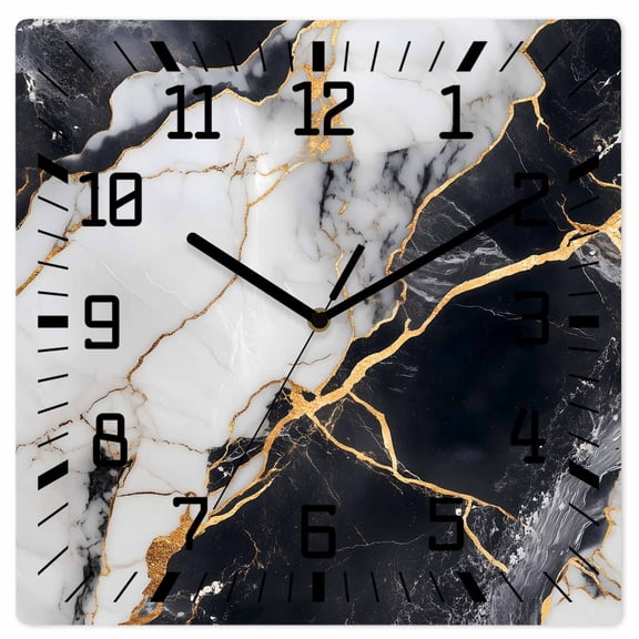 Marble Black Wooden Wall Clock Silent Non Ticking, Abstract Gold White Brick Stone Motif Square Wall Clocks Battery Operated, Decor Clock for Home Office, Living Room, Kitchen, 10 Inch