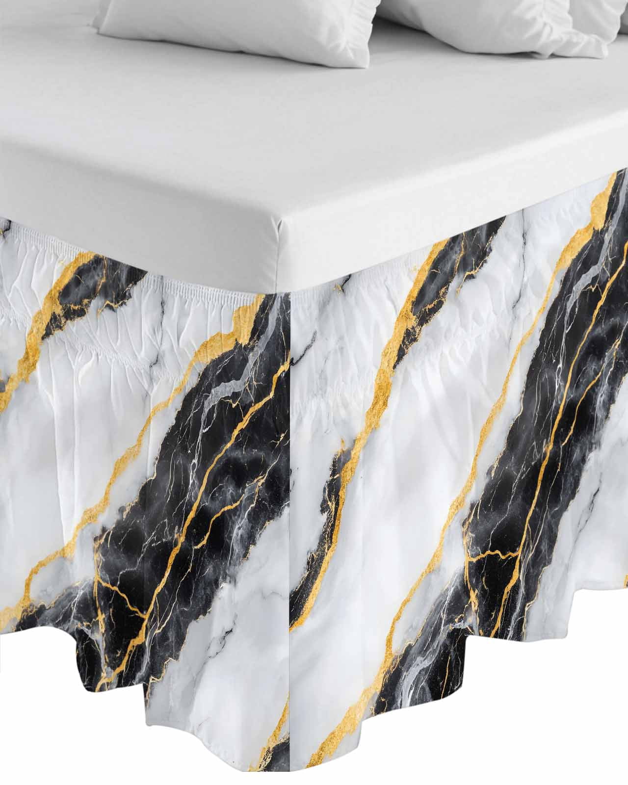 Marble Black Wrap Around Bed Skirts for King Bed 18" Drop,Bed Skirt with Adjustable Elastic Belt Dust Ruffle Bed Valance for Bedroom Hotel Gold Foil Ceramic Style Cracks Scratches Bed Frame Cover