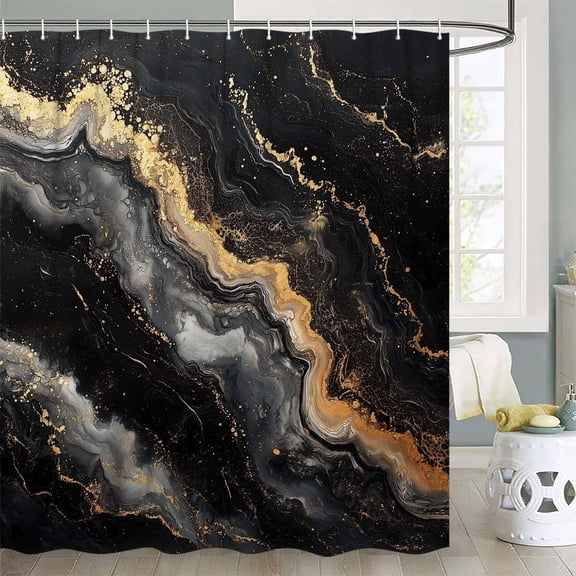 Marble Black and Gold Dreamy Ink Art Shower Curtain, Abstract Luxury Modren Shower Curtains for Bathroom,Fabric Bath Curtain with Hooks, 72x72in