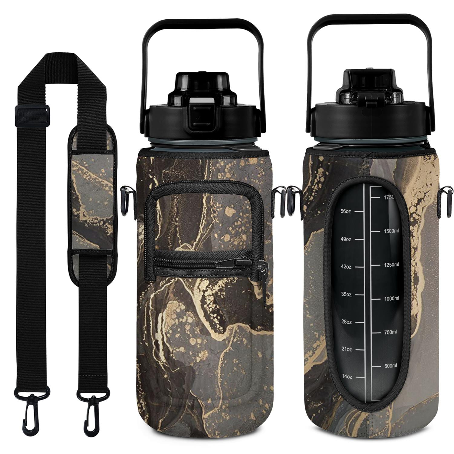 Marble Black&gold 64 Oz Water Bottle with Measurements - BPA Free Leakproof Sport Large Plastic Water Bottle with Straw & Time Marker & Insulated Neoprene Holder Carrier Bag Great Gift for Women Men