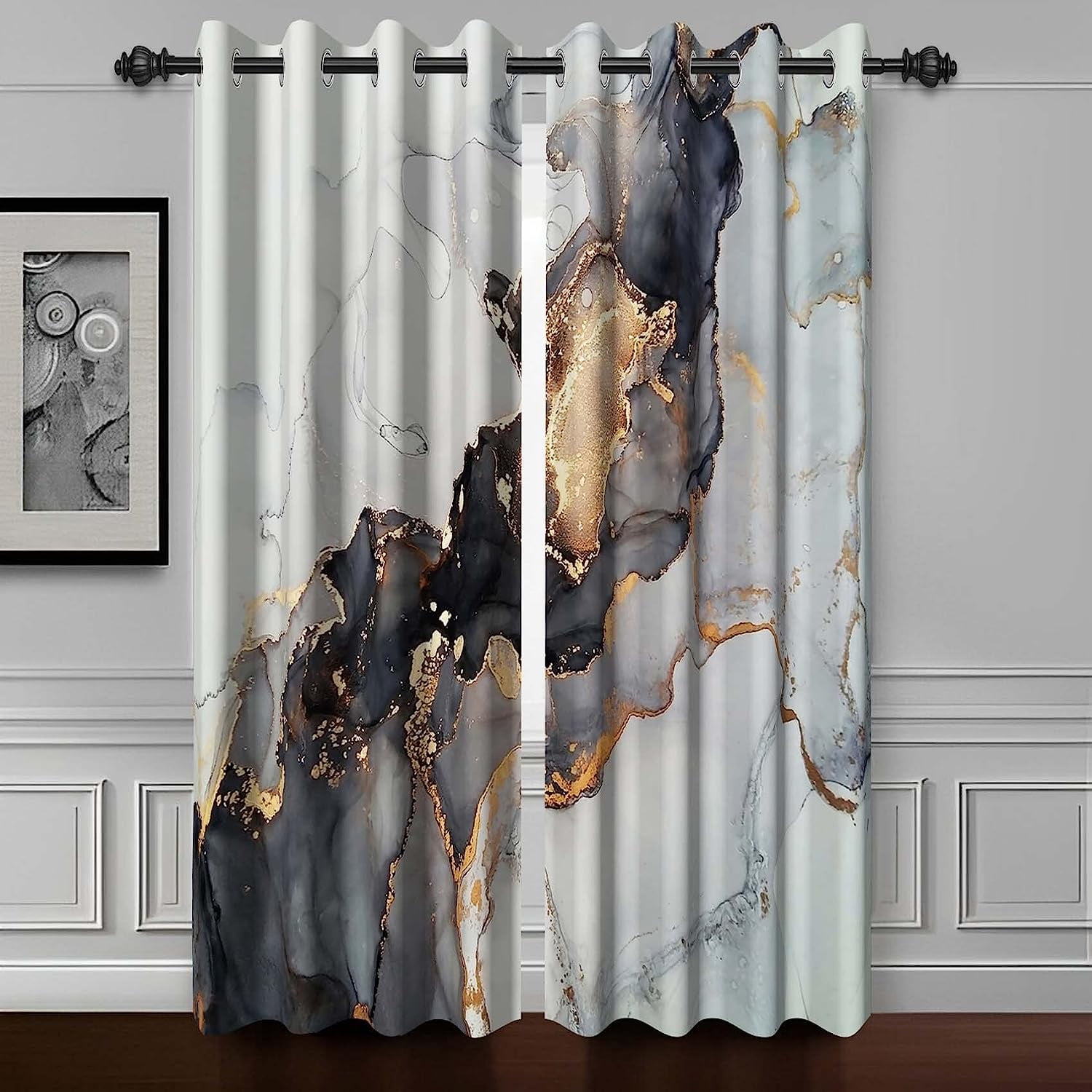 Marble Blackout Curtain Gold Texture Print Curtains for Living Room ...