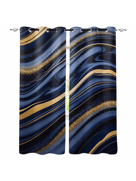 Marble Blackout Curtains 72 Inches Long, Navy Blue Modern Abstract Gold Gradual Art Thermal Insulated Black Out Curtains, Darkening Window Curtain Drapes for Bedroom Living Room 52"x72" 2 Panels