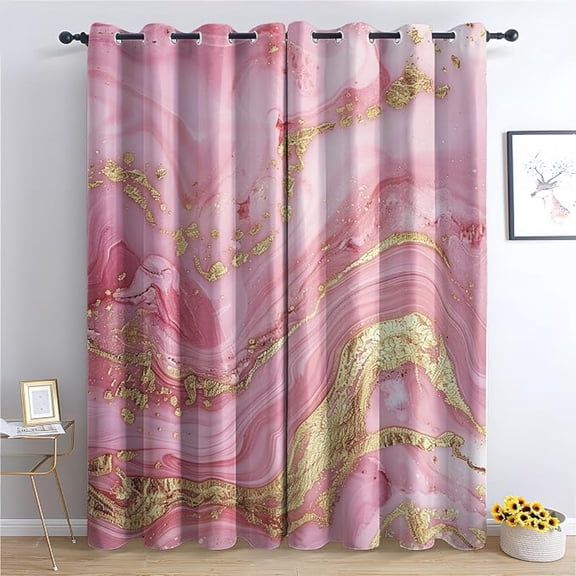 Marble Blackout Curtains For Bedroom Living Room, Pink And Gold Curtains & Home Decor, Modern Abstract Window Curtains, Thermal Room Darkening Grommet Drapes 53"W x 63"L (Pack of 2)