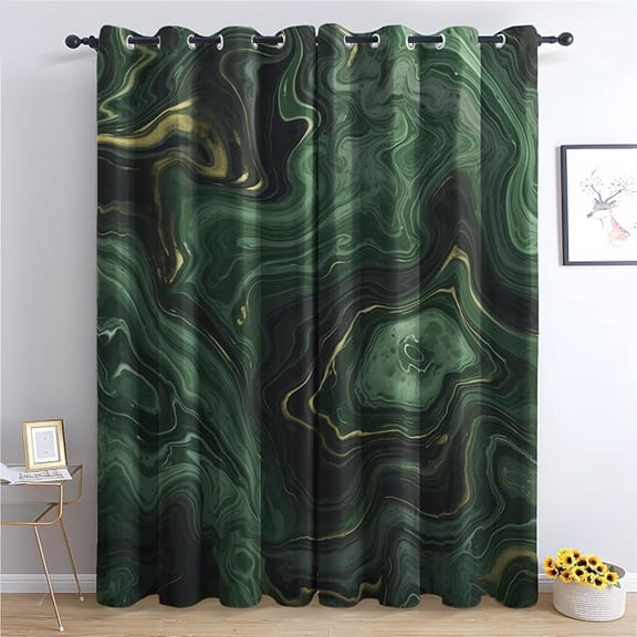 Marble Blackout Curtains for Bedroom Living Room, Thermal Insulated Room Darkening Grommet Patterned Drapes for Windows, Emerald Green Marble Swirl Abstract Home Decor 26"W x 45"L (Pack of 2)