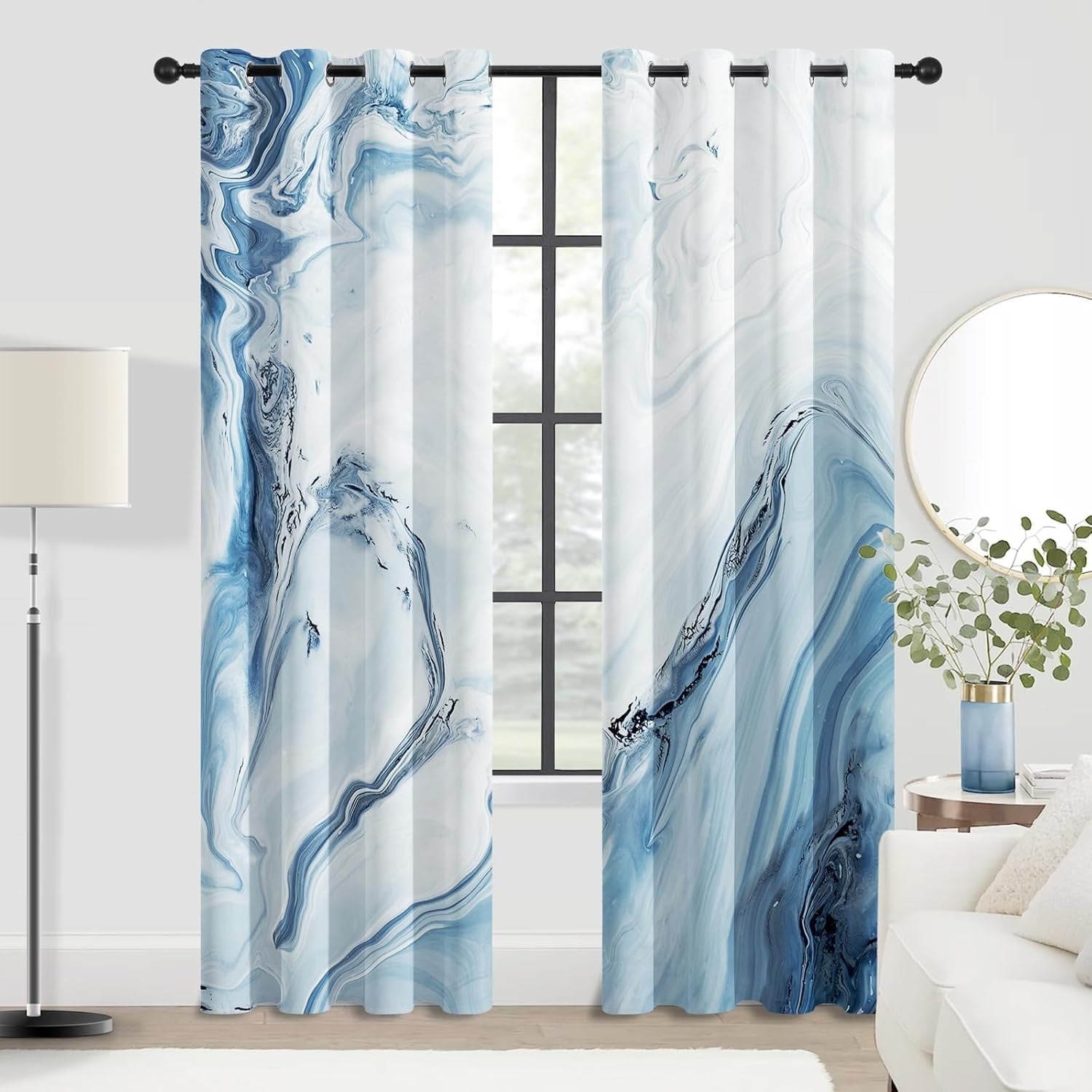 Marble Blackout Curtains for Bedroom Windows, Modern Abstract Print Curtains for Living Room, Blue Dining Room Curtain Draperies 2 Panel Sets, 52" X 84"