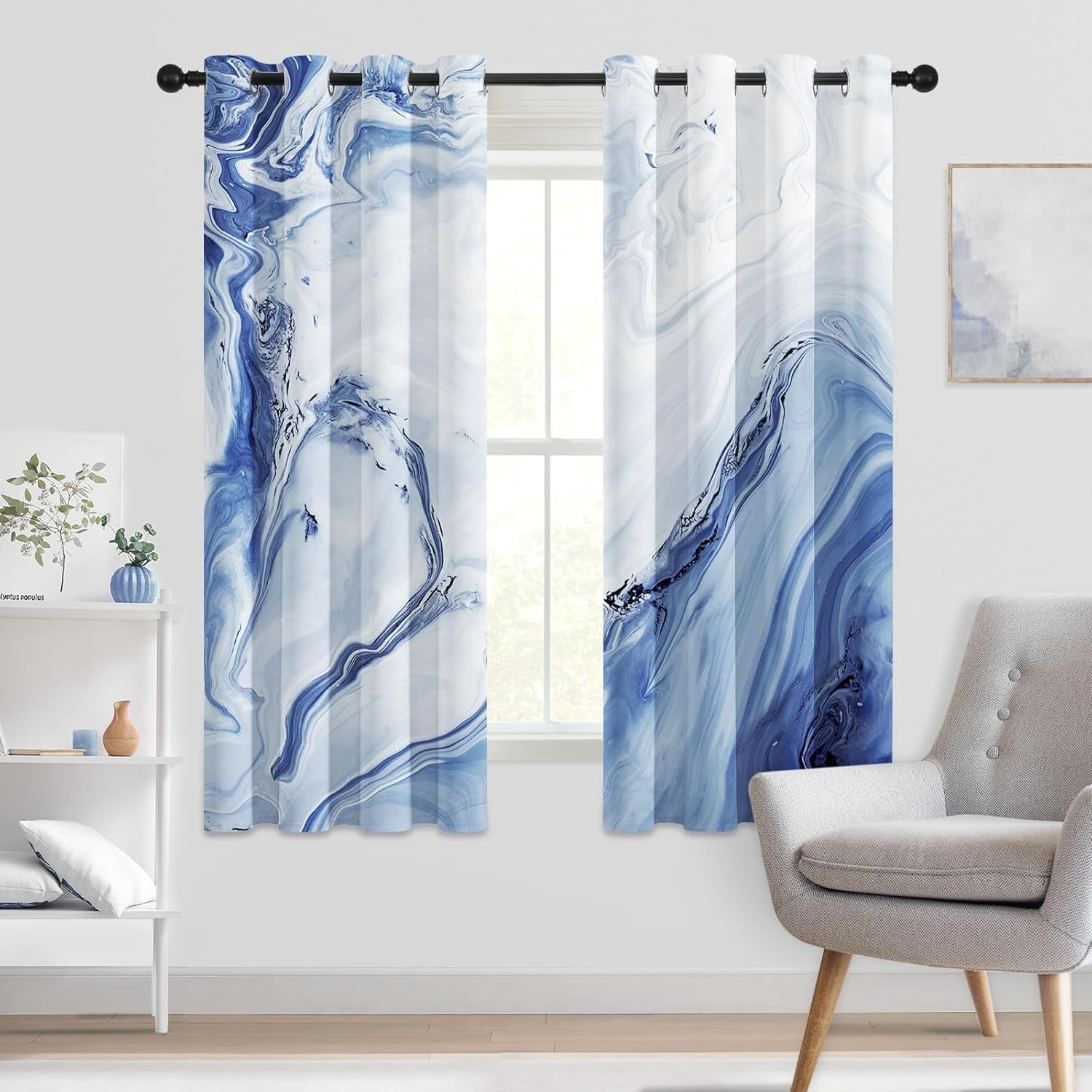Marble Blackout Curtains for Bedroom Windows, Modern Abstract Print Curtains for Living Room, Navy Blue Dining Room Curtain Draperies 2 Panel Sets, 52" X 63"