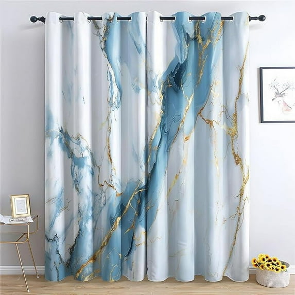 Marble Blackout Curtains, Thermal Insulated Room Darkening Grommet Drapes For Living Room & Bedroom, Blue White Gold Abstract Window Treatments & Home Decor 42"W x 108"L (Pack of 2)
