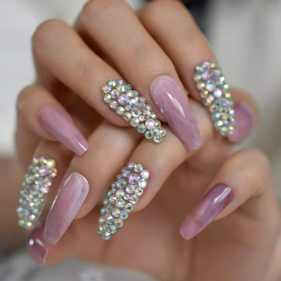Nude Pink 3D Crystal Press On Nails, Extra Long Coffin Rhinestones Fake Nails, Marble Blossom