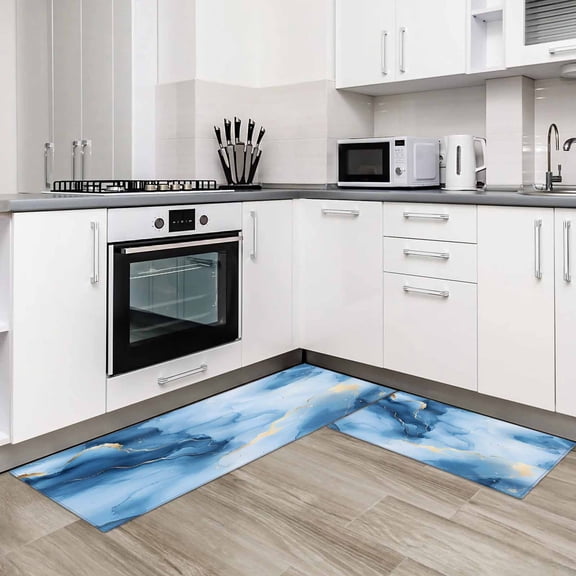 Marble Blue 2 Pieces Non-Slip Kitchen Mat Set Modern Art Abstract Ink Painted Soft Door Mat with Rubber Backing,Dirtproof Rugs for Entrance Doorway 15.7x23.6in+15.7x47.2in