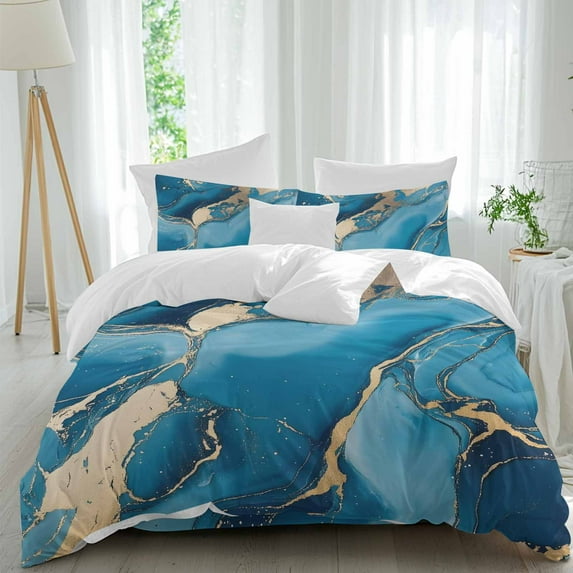 Marble Blue 4 Piece Duvet Cover Set California King Size Ombre Abstract Stone Gold Cracks Modern Art Soft Bedding Set Comforter Cover, 1 Duvet Cover 1 Flat Sheets and 2 Pillowcases