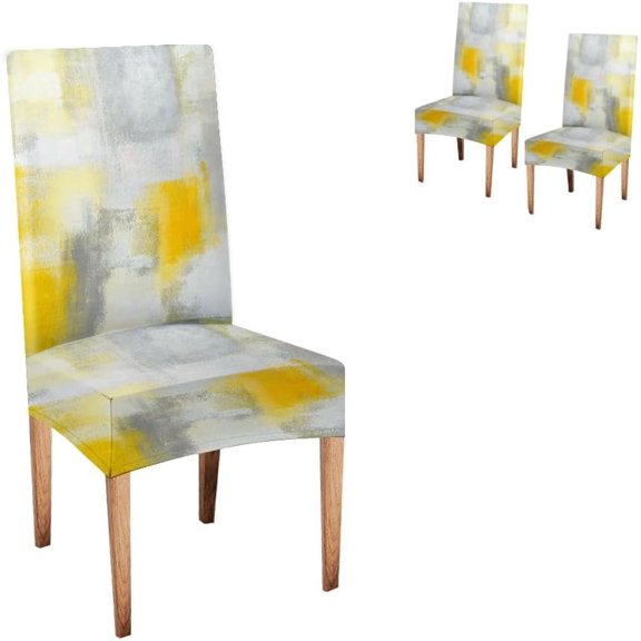 Modern Yellow Grey Neutral Watercolor Color Block Dining Chair Slipcovers 2 Packs, Stretch Removable Abstract Geometric Chair Protector for Minimalist Farmhouse Kitchen Decor