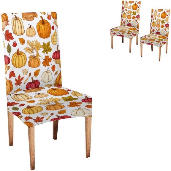 Hand Drawn Sketch Pumpkin Maple Leaf Fall Dining Chair Slipcovers 2 Packs, Stretch Removable Washable Autumn Harvest Gourd Chair Protector for Farmhouse Kitchen Dining Room Decor