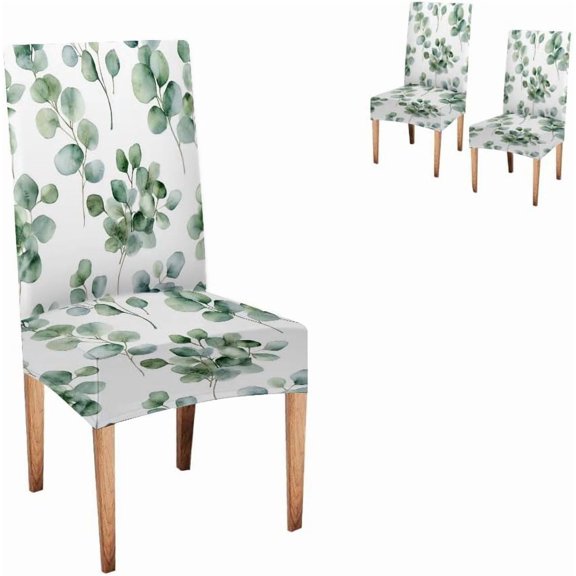 Watercolor Green Eucalyptus Leaf Dining Chair Slipcovers 2 Packs, Stretch Removable Washable Minimalist Botanical Chair Protector for Farmhouse Kitchen Dining Decor