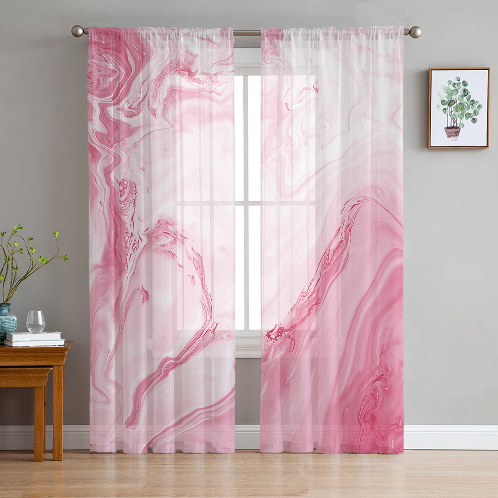 Marble Blue And Gold Abstract Sheer Voile Window Curtains Tulle