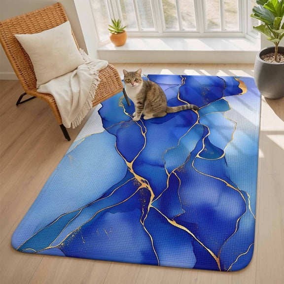 Marble Blue Area Rugs for Living Room 5x6, Liquid Gold Foil Glitter Wavy Rock Stone Washable Area Rug with Non Slip Backing, Stain Resist Linen Carpet for Bedroom, Dining Room, Entryway, Entrance
