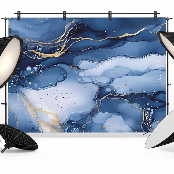 Marble Blue Backdrop for Photography,Fabric Photo Background Backdrop,Modern Gradient Gold Waves Nature Cracked Photo Booth Background for Portrait Photoshoot Video Wedding Decoration Banner 10x8ft